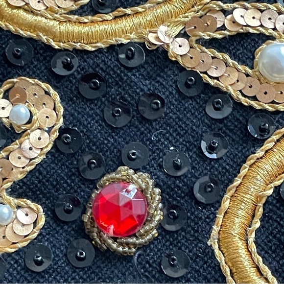 Vintage 80s black wool embellished peplum dress Ciao Ltd stones pearls sequins - Picture 5 of 11